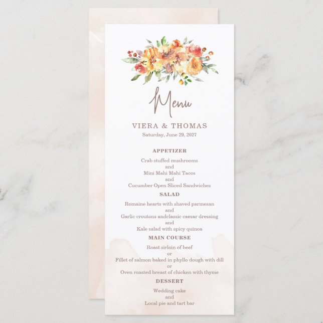 Watercolor Floral Wedding Menu (Front/Back)