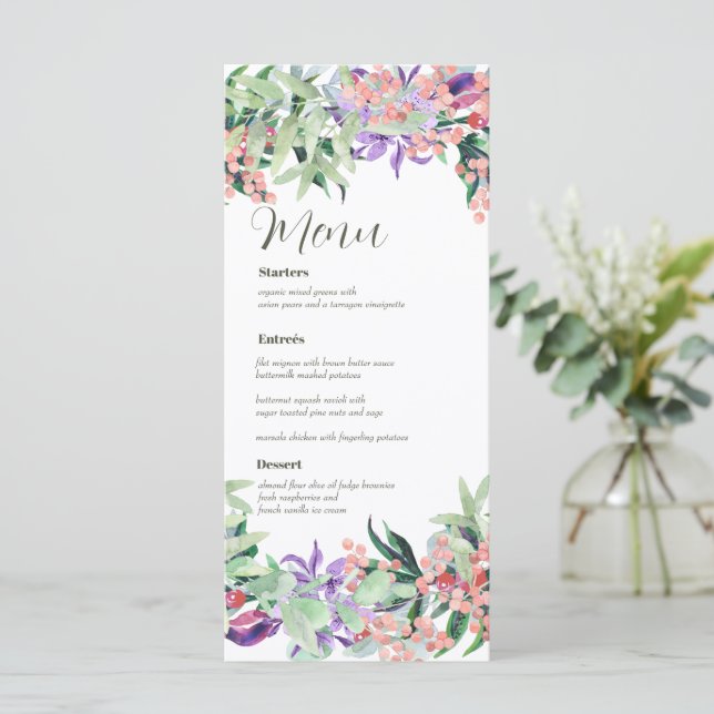 Watercolor Floral Wedding Menu Card  (Standing Front)