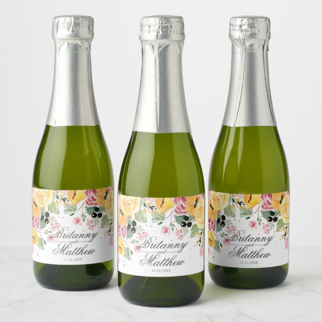 Watercolor Floral Wedding Personalised Sparkling Wine Label (Bottles)