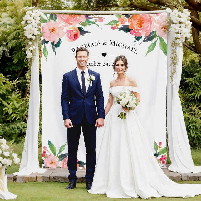 Watercolor Floral Wedding Photo Booth Backdrop Tapestry (Creator Uploaded)