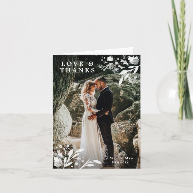 Watercolor Floral Wedding Photo Thank You Cards (Front)