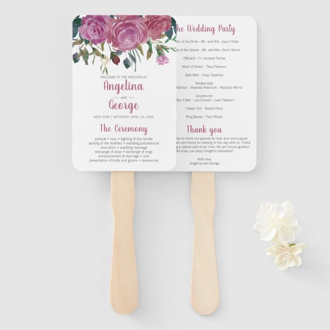 Watercolor floral wedding program fan (Front and Back)