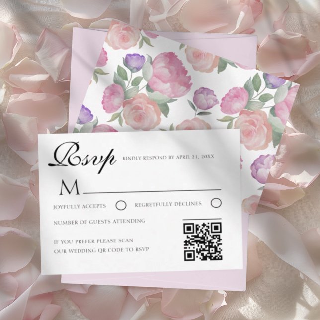 Watercolor Floral Wedding RSVP Card with QR Code (Creator Uploaded)