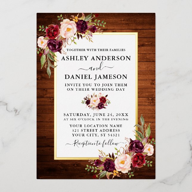 Watercolor Floral Wedding Rustic Wood Gold (Front)