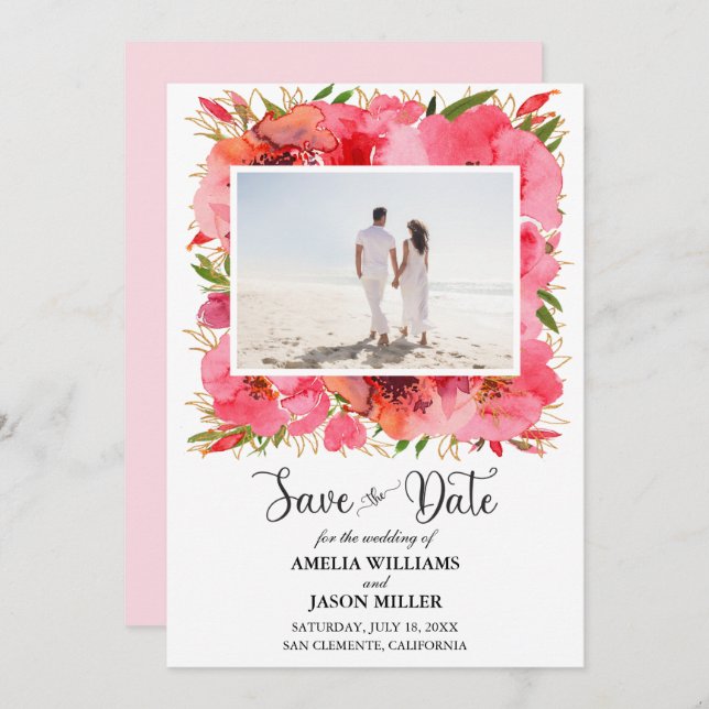 Watercolor Floral Wedding Save the Date (Front/Back)