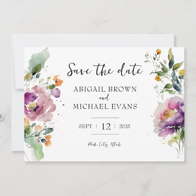 Watercolor Floral Wedding Save The Date (Front)