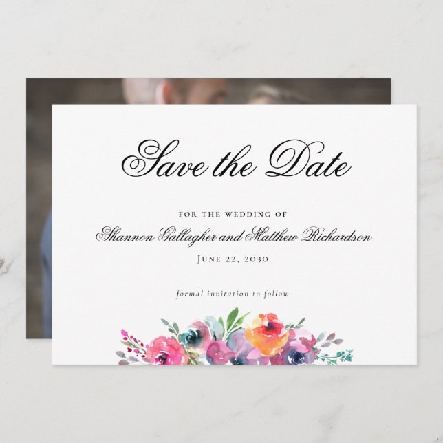 Watercolor Floral Wedding Save the Date Photo Announcement (Front/Back)
