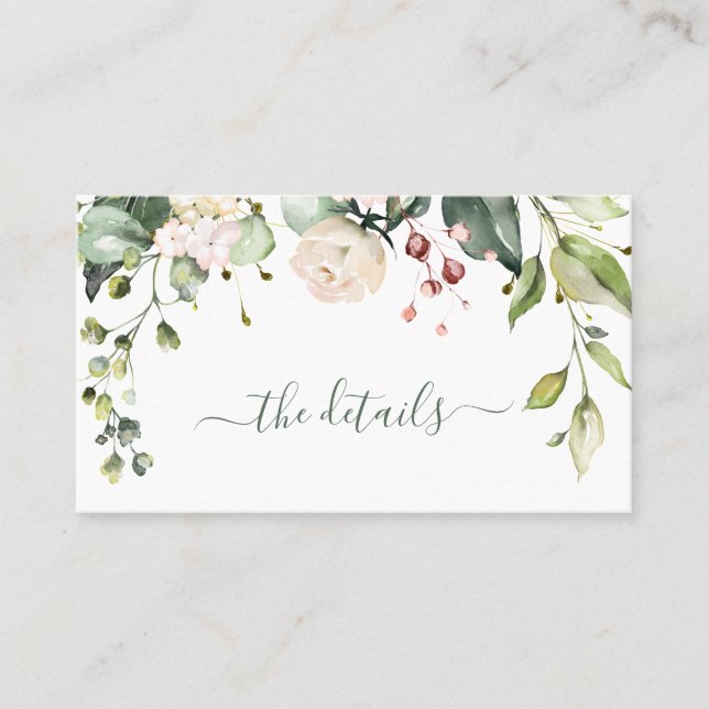Watercolor floral wedding/shower/birthday details business card (Front)