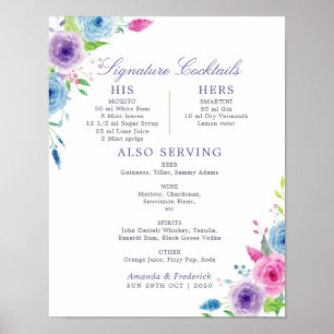 Watercolor Floral Wedding Signature Cocktails Menu Poster