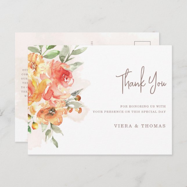 Watercolor Floral Wedding Thank You Postcard (Front/Back)