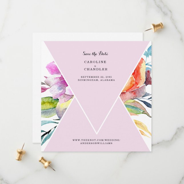 Watercolor Floral Wedding Website Pink Save The Date (Front/Back In Situ)