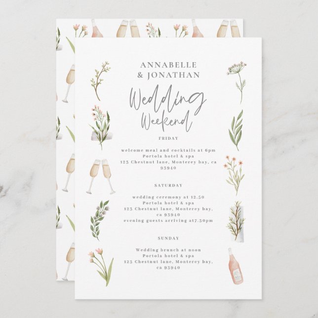 Watercolor floral wedding weekend itinerary (Front/Back)