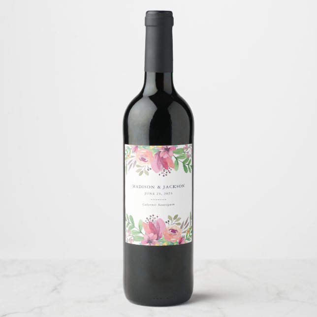 Watercolor Floral Wedding Wine Label (Front)