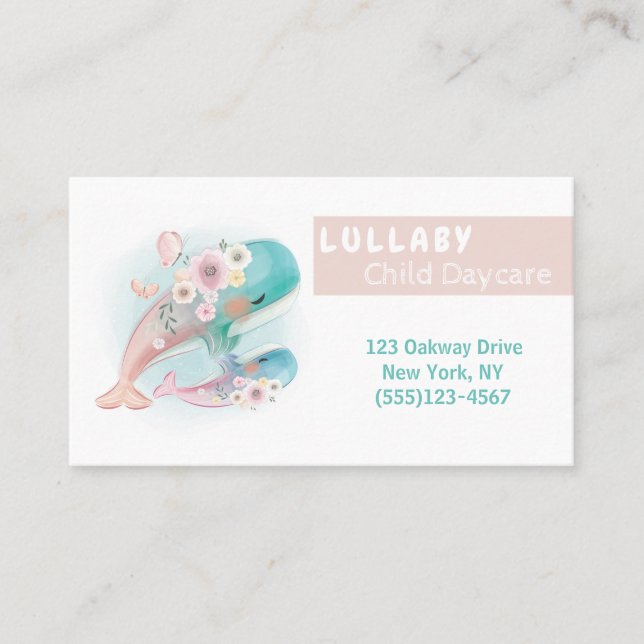 Watercolor Floral Whales Child Daycare Service Business Card (Front)
