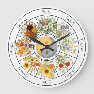 Watercolor Floral Wheel of the Year Pagan Wicca Large Clock