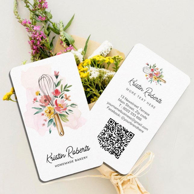 Watercolor Floral Whisk Bakery Business Card  (Watercolor Floral Whisk Bakery Business Card #sweetshop #pastries #bakery #watercolorflowers)