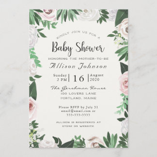 Watercolor Floral White Green Baby Shower Card