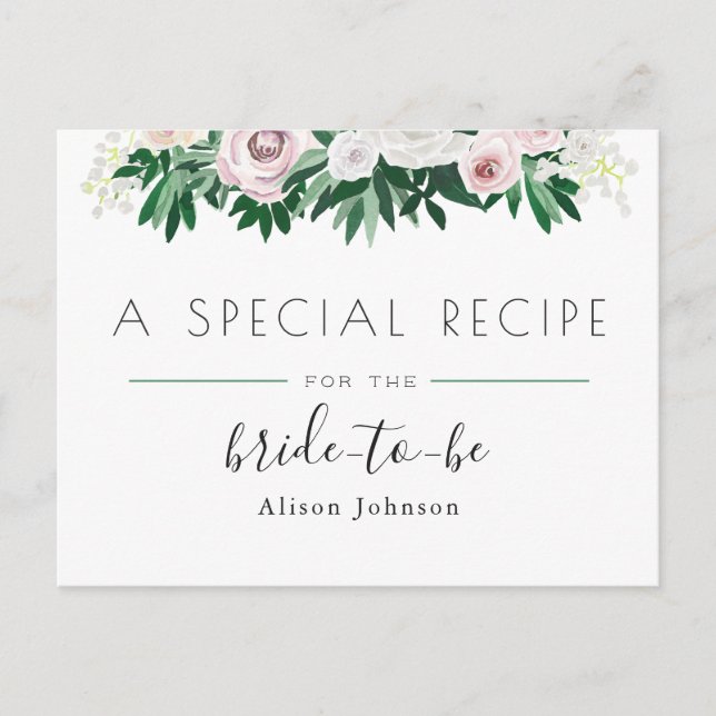 Watercolor Floral White Green Bridal Shower Recipe Postcard (Front)