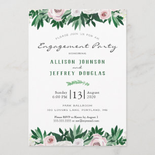 Watercolor Floral White Green Engagement Party Invitation