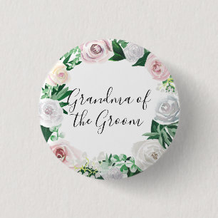 Watercolor Floral White Green Grandma of the Groom 3 Cm Round Badge