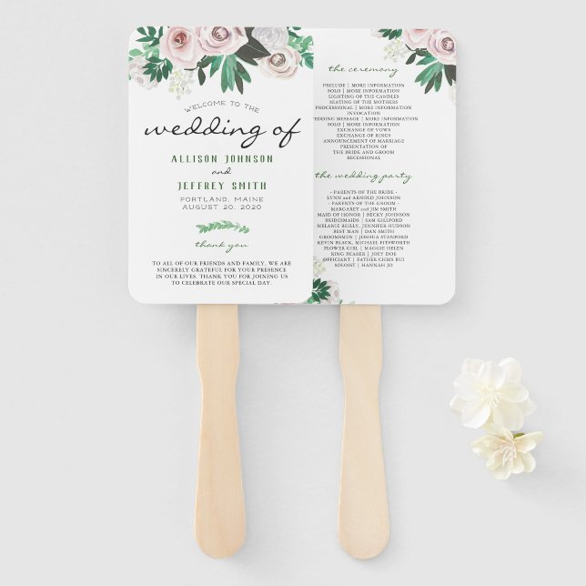 Watercolor Floral White Green Wedding Program Hand Fan (Front and Back)