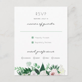 Watercolor Floral White Green Wedding RSVP Card