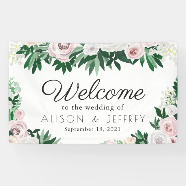 Watercolor Floral White Green Wedding Welcome Banner (Horizontal)