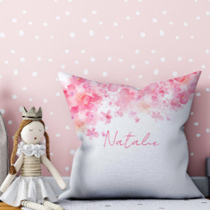 Watercolor floral white pink name throw pillow