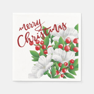 Watercolor Floral White Red Green Merry Christmas Napkin
