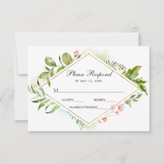 Watercolor Floral Wild Green Foliage Wedding RSVP Card (Front)