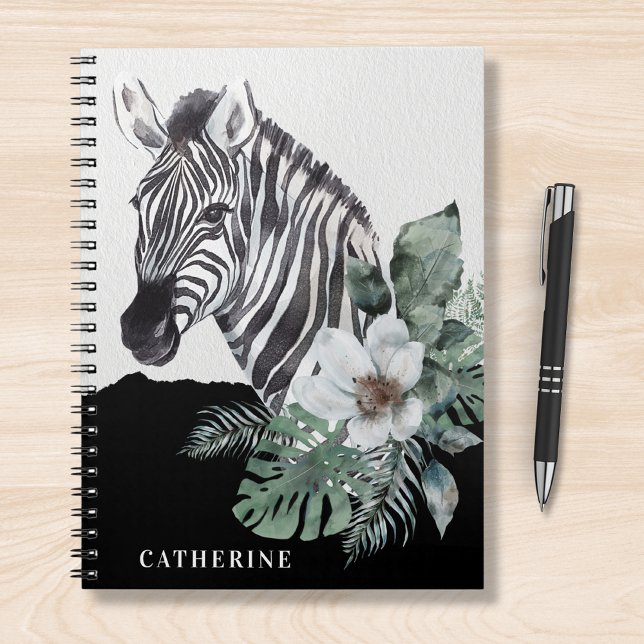 Watercolor Floral Wild Zebra Personalised Name Notebook (Creator Uploaded)