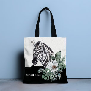 Watercolor Floral Wild Zebra Personalised Name Tote Bag