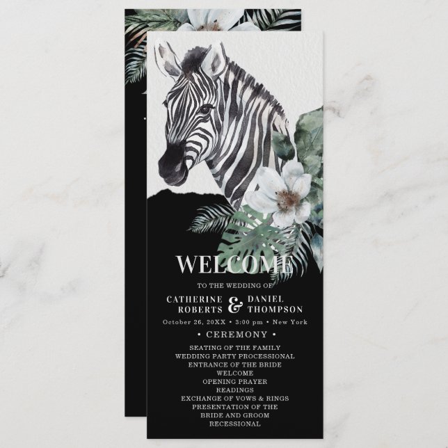 Watercolor Floral Wild Zebra Safari Wedding Programme (Front/Back)