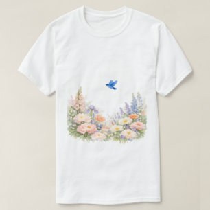 Watercolor Floral Wildflower Meadow Bluebird T-Shirt