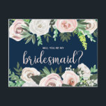 Watercolor Floral Will You Be My Bridesmaid Card<br><div class="desc">Ask your friends and family to be a part of your wedding with this watercolor floral "Will You Be My Bridesmaid" card featuring white and pink roses and carnations with forest green leaves and pretty,  feminine,  hand-drawn calligraphy script.</div>