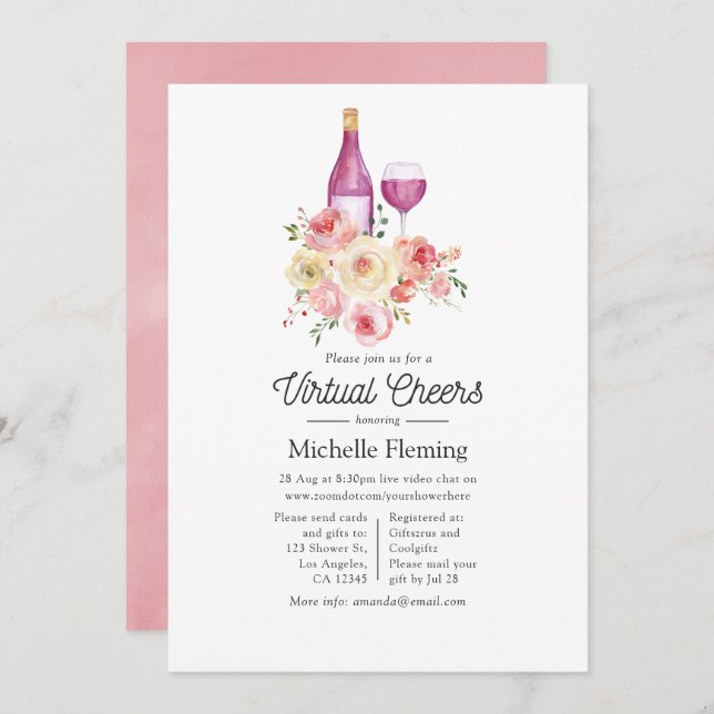 Watercolor Floral Wine Toasting Virtual Shower Invitation (Front/Back)