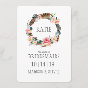 Watercolor Floral with Feathers   Bridesmaid Invitation
