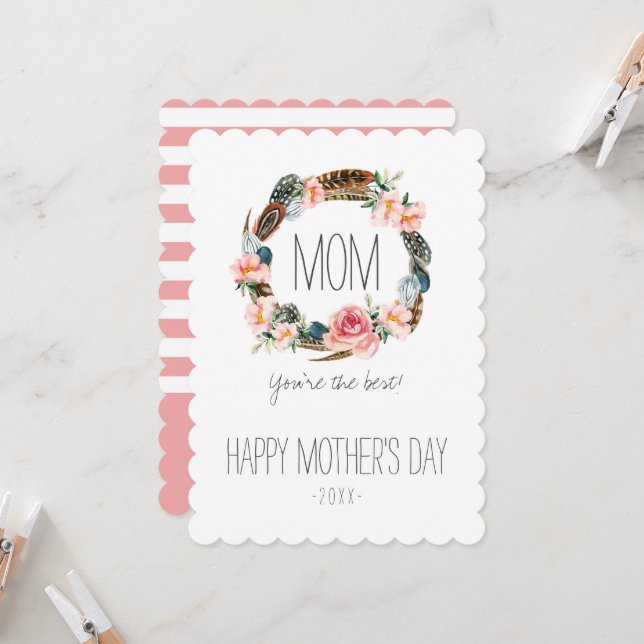 Watercolor Floral with Feathers | Mother's Day Card (Front/Back In Situ)