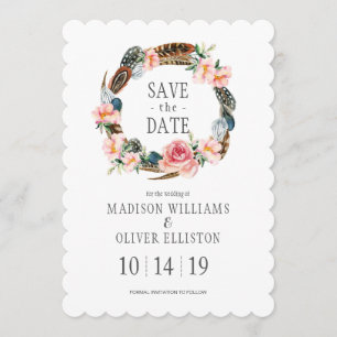 Watercolor Floral with Feathers Save the Date