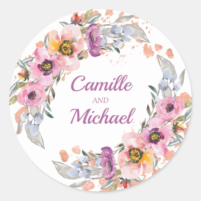 Watercolor Floral with Rose Gold Classic Round Sticker (Front)