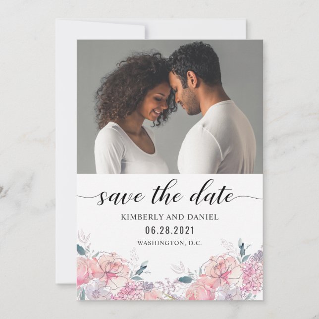 Watercolor Floral with Your Photo Save the Date (Front)