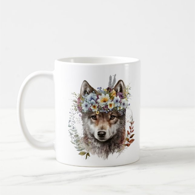 Watercolor Floral Wolf Coffee Mug (Left)