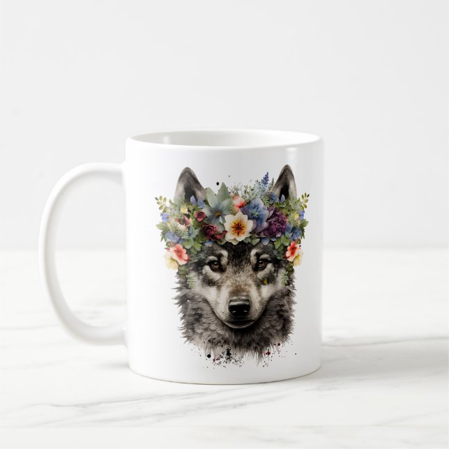 Watercolor Floral Wolf Coffee Mug (Left)