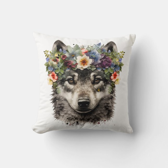 Watercolor Floral Wolf Cushion (Front)