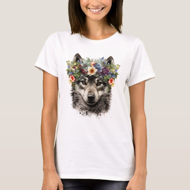 Watercolor Floral Wolf T-Shirt (Front)