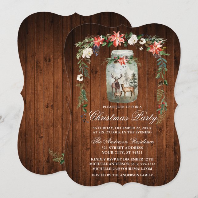 Watercolor Floral Wood Mason Jar Christmas Party Invitation (Front/Back)