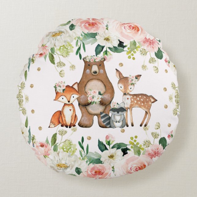 Watercolor Floral Woodland Animals Girl Nursery Round Cushion (Front)