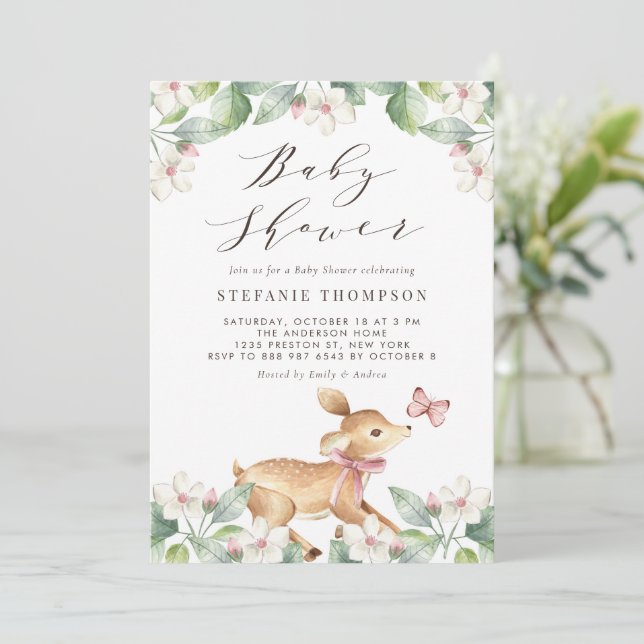 Watercolor Floral Woodland Baby Deer Baby Shower Invitation (Standing Front)