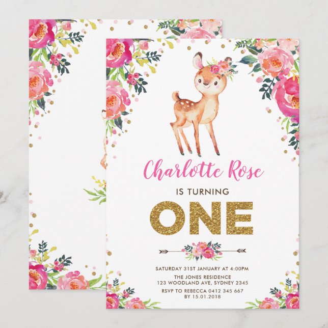 Watercolor Floral Woodland Deer 1st Birthday Invitation (Front/Back)