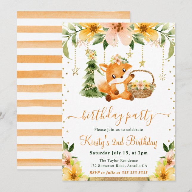 Watercolor Floral Woodland Fox Birthday Party Invitation (Front/Back)